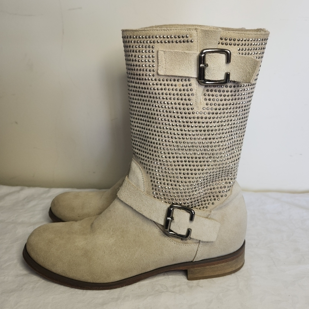 Cream Suede Boots Gunmetal Sequins